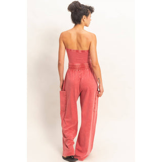 Mineral Wash Strapless Wide - Leg Jumpsuit - Rise and Redemption