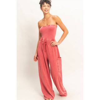 Mineral Wash Strapless Wide - Leg Jumpsuit - Rise and Redemption
