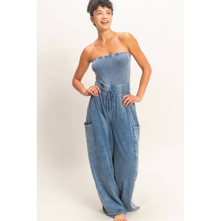 Mineral Wash Strapless Wide - Leg Jumpsuit - Rise and Redemption
