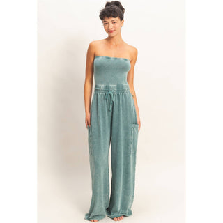Mineral Wash Strapless Wide - Leg Jumpsuit - Rise and Redemption