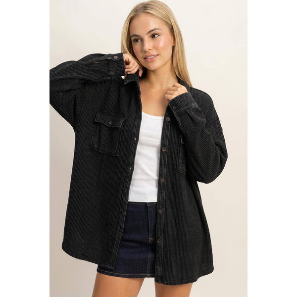 Mineral Wash Waffle Knit Button-Up Shacket - Rise and Redemption