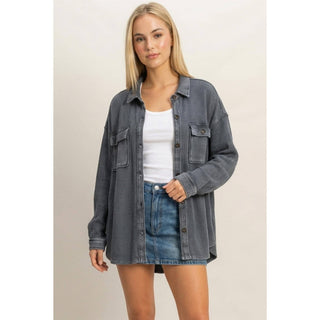 Mineral Wash Waffle Knit Button-Up Shacket - Rise and Redemption