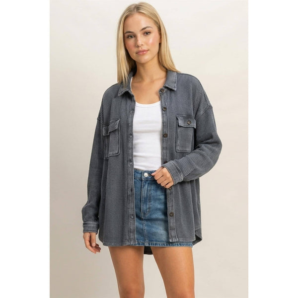 Mineral Wash Waffle Knit Button-Up Shacket - Rise and Redemption