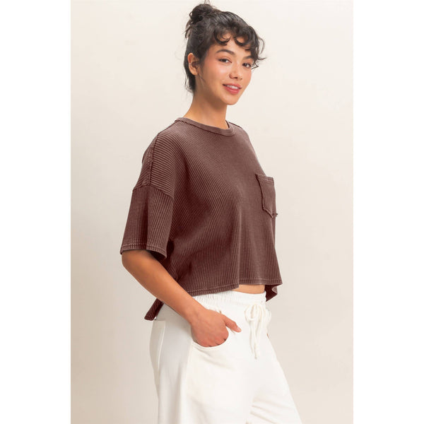 Mineral Wash Waffle Knit Pocket Top - Rise and Redemption