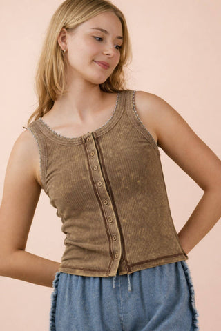 Mineral Washed Knit Tank Top W/ Lace Trim - Rise and Redemption