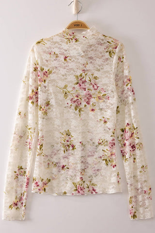 NT12220 - High Neck Fitted Sheer Mesh Lace Knit Top - Rise and Redemption