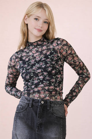 NT12220 - High Neck Fitted Sheer Mesh Lace Knit Top - Rise and Redemption