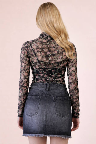 NT12220 - High Neck Fitted Sheer Mesh Lace Knit Top - Rise and Redemption
