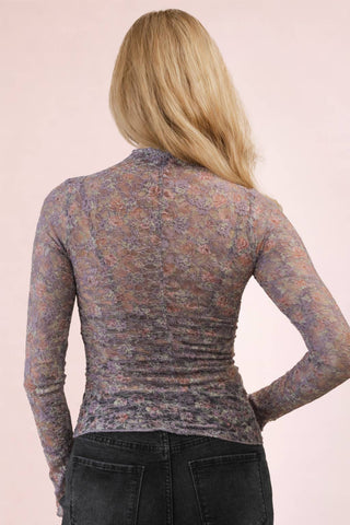 NT12220 - High Neck Fitted Sheer Mesh Lace Knit Top - Rise and Redemption