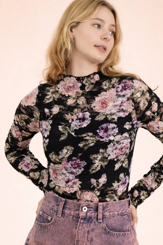 NT12220 - High Neck Fitted Sheer Mesh Lace Knit Top - Rise and Redemption