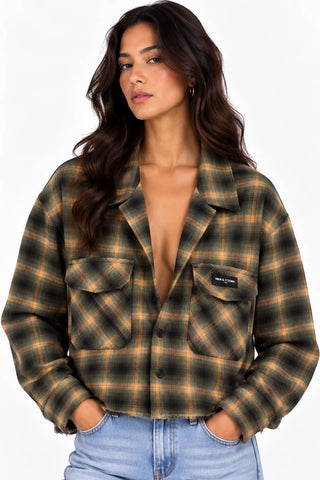 Oversized Raw Hem Crop Boyfriend Flannel Shacket - Rise and Redemption