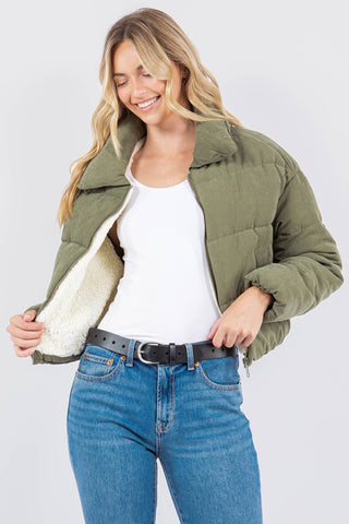 Peach Skin Bubble Puffer Jacke with Sherpa Lining - Rise and Redemption