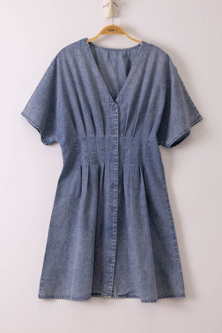Pintuck Detail Mineral Washed Chambray Mini Dress - Rise and Redemption