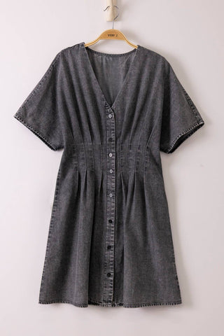 Pintuck Detail Mineral Washed Chambray Mini Dress - Rise and Redemption