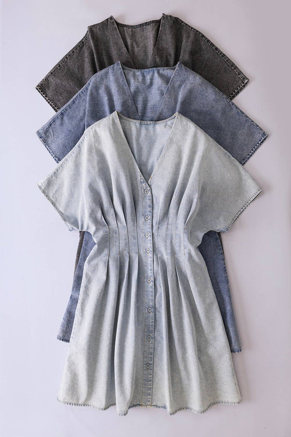Pintuck Detail Mineral Washed Chambray Mini Dress - Rise and Redemption
