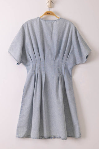 Pintuck Detail Mineral Washed Chambray Mini Dress - Rise and Redemption