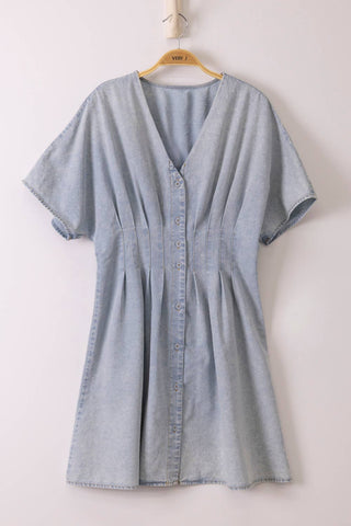 Pintuck Detail Mineral Washed Chambray Mini Dress - Rise and Redemption