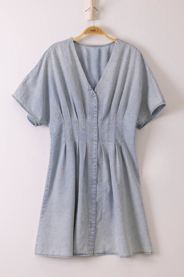Pintuck Detail Mineral Washed Chambray Mini Dress - Rise and Redemption