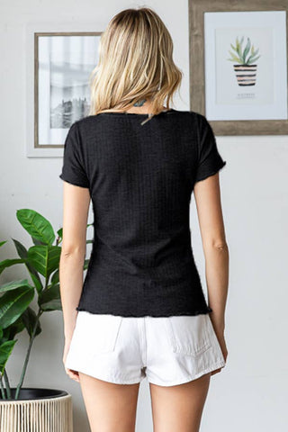 Pointelle Button Front Lettuce Edge Short Sleeve Top T5927 - Rise and Redemption