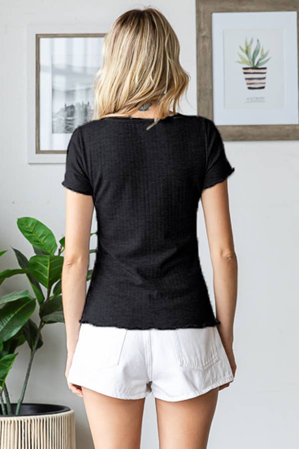 Pointelle Button Front Lettuce Edge Short Sleeve Top T5927 - Rise and Redemption