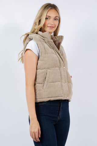 QUILTED CORDUROY HOODED PUFFER VEST - Rise and Redemption