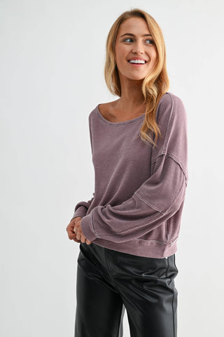 Raw Edge Waffle Knit Boatneck Pullover - Rise and Redemption