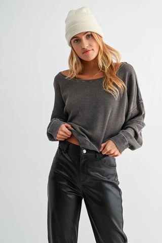 Raw Edge Waffle Knit Boatneck Pullover - Rise and Redemption