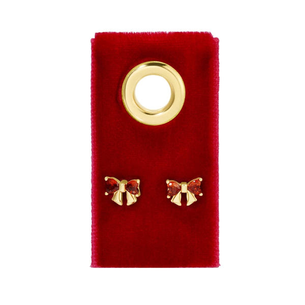 Red Cubic Zirconia Bow Studs on Velvet Tag - Rise and Redemption