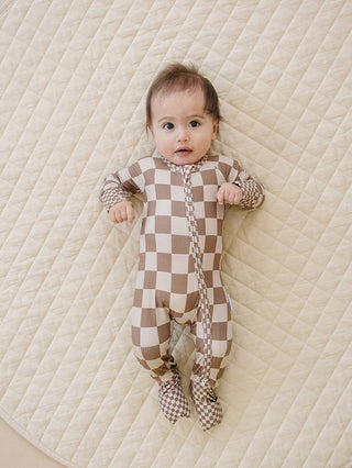 Ribbed Bamboo Zip Romper | Latte Checkered - Rise and Redemption