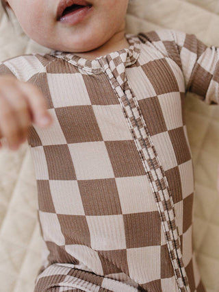 Ribbed Bamboo Zip Romper | Latte Checkered - Rise and Redemption
