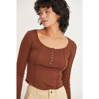 Ribbed Long Sleeve Button Front Top - Rise and Redemption