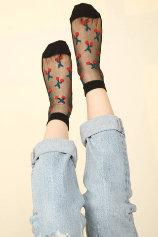 SC10033A - Cherry Embroidered Mesh Ankle Socks - Rise and Redemption