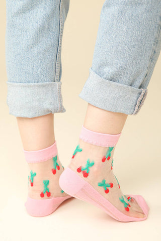 SC10033A - Cherry Embroidered Mesh Ankle Socks - Rise and Redemption