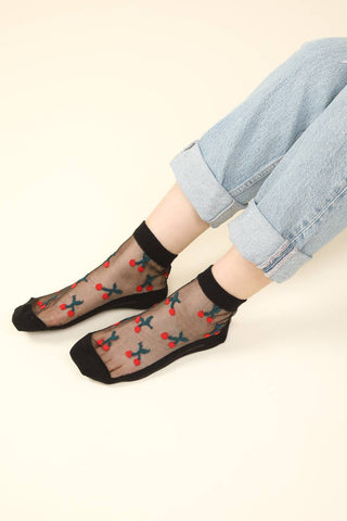 SC10033A - Cherry Embroidered Mesh Ankle Socks - Rise and Redemption