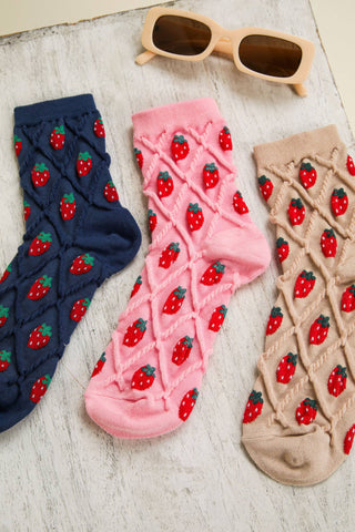 SC10040C - Strawberry Printed Textured Crew Socks - Rise and Redemption