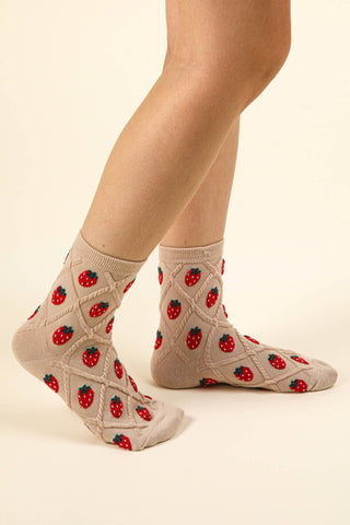 SC10040C - Strawberry Printed Textured Crew Socks - Rise and Redemption