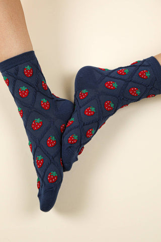 SC10040C - Strawberry Printed Textured Crew Socks - Rise and Redemption