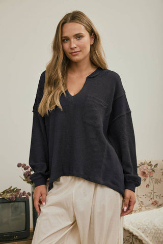 Selena Split Neck Drop Shoulder Knit - Rise and Redemption
