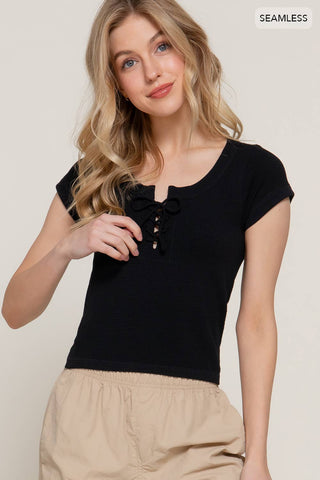 Short Sleeve Round Neck with Lace Up Waffle Seamless Top - Rise and Redemption