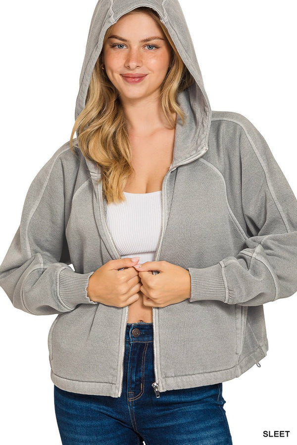 Sleet Mineral Washed zip up Fleece Hoodie - Rise and Redemption