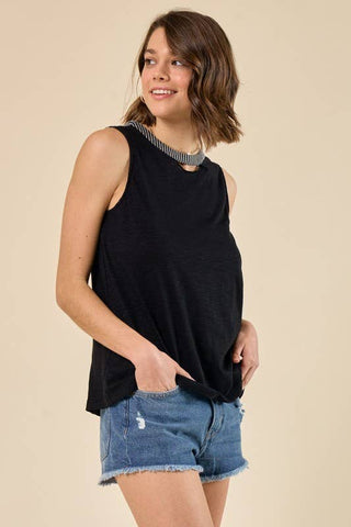 Slub Knit Cutout Muscle Tank, Woven Stripe Details - Rise and Redemption