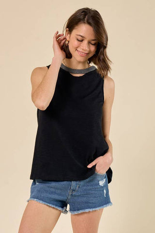 Slub Knit Cutout Muscle Tank, Woven Stripe Details - Rise and Redemption