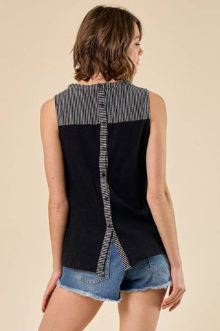 Slub Knit Cutout Muscle Tank, Woven Stripe Details - Rise and Redemption