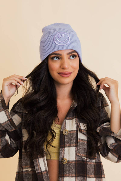 Smiley Embroidered Ribbed Knit Beanie - Rise and Redemption