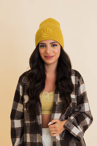 Smiley Embroidered Ribbed Knit Beanie - Rise and Redemption