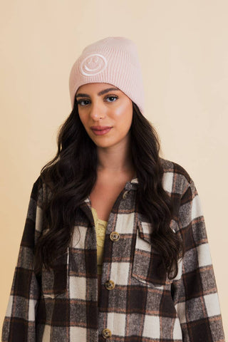 Smiley Embroidered Ribbed Knit Beanie - Rise and Redemption