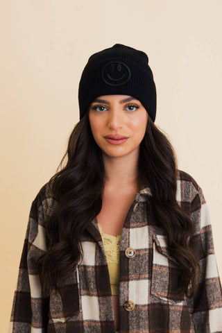 Smiley Embroidered Ribbed Knit Beanie - Rise and Redemption