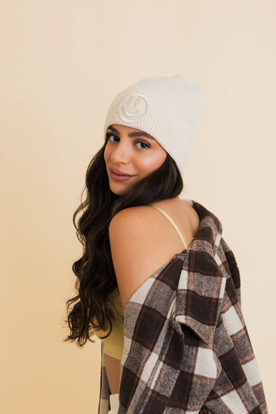 Smiley Embroidered Ribbed Knit Beanie - Rise and Redemption