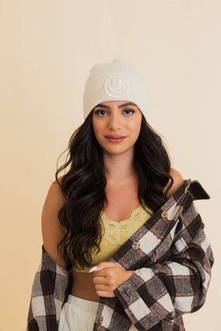 Smiley Embroidered Ribbed Knit Beanie - Rise and Redemption