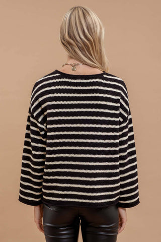 STRIPE BOAT NECK DROP SHOULDER KNIT SWEATER: BLACK - Rise and Redemption